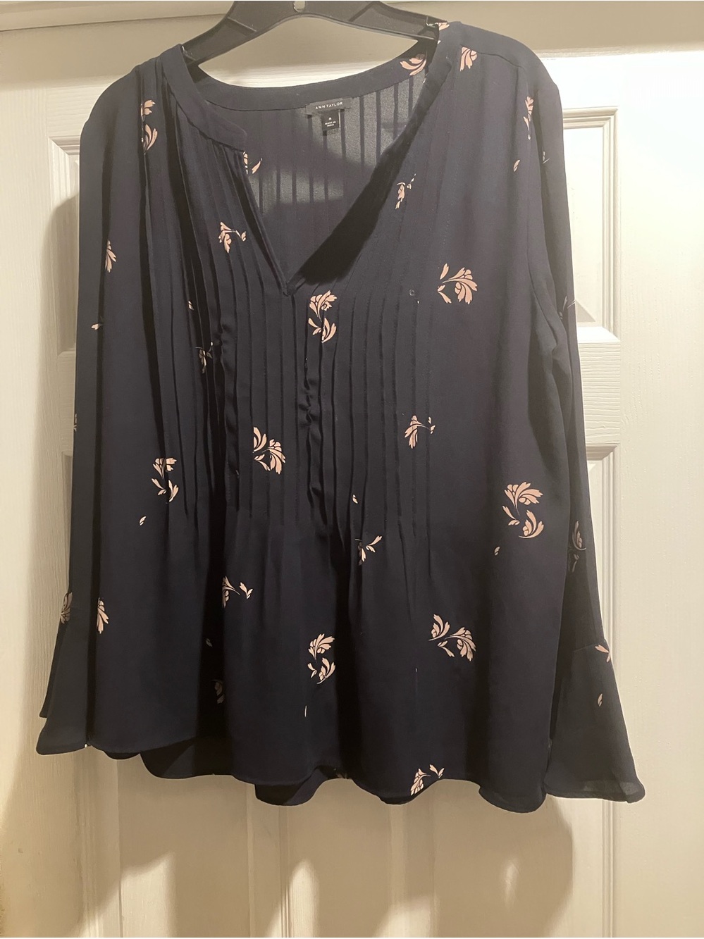 Ann Taylor Navy Blue with Tan Leaves Blouse, Size Medium